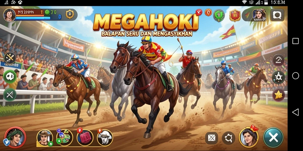 Screenshot utama MEGAHOKI menampilkan aksi balapan yang mendebarkan.