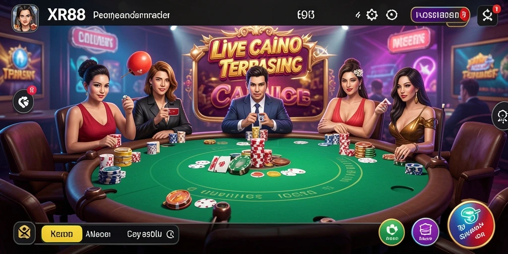 Screenshot gameplay XR88 menampilkan dealer langsung dan suasana kasino yang hidup.